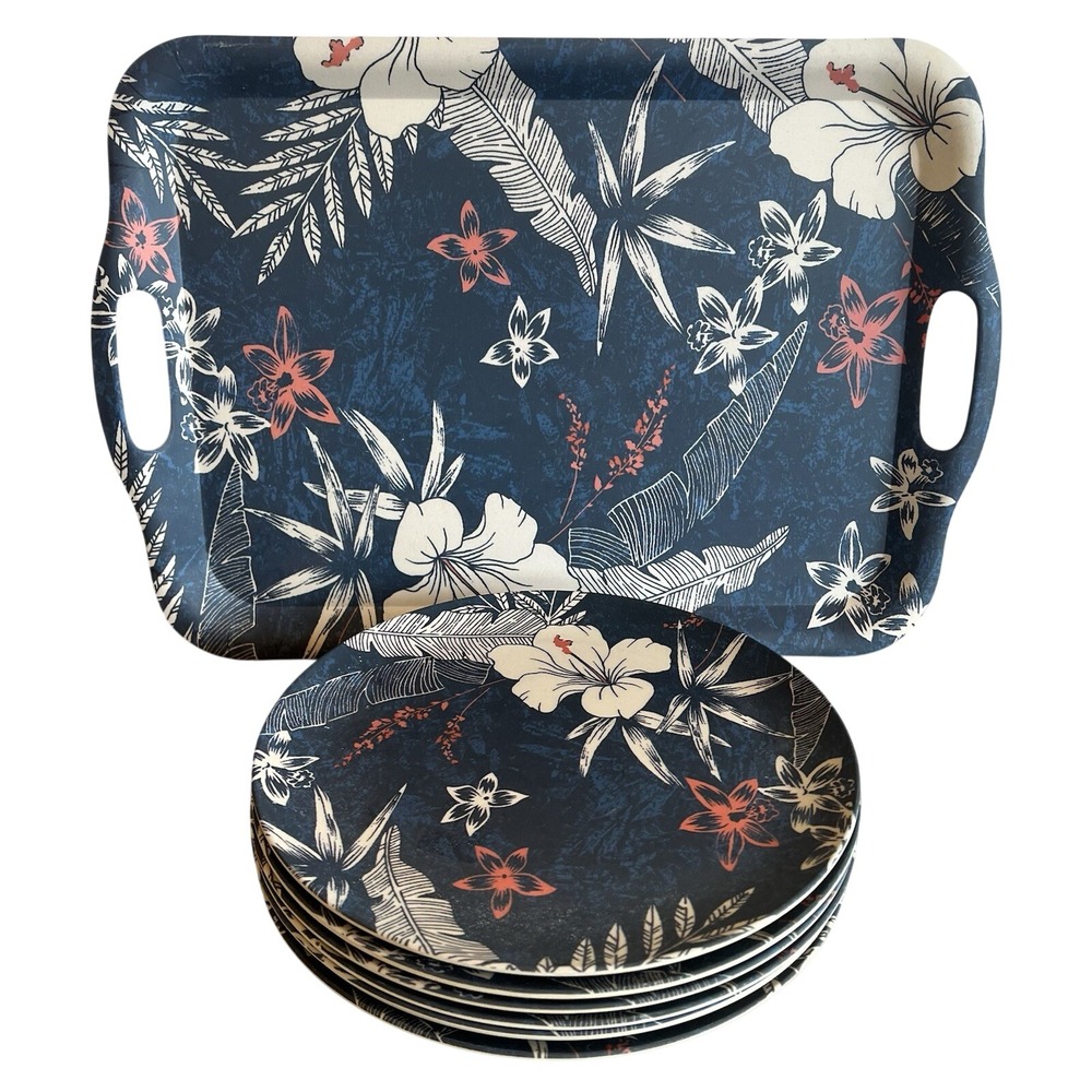 Tropical‎ Hibiscus Tiki  Blue Melamine Tray  + 7 Dinner Plates Caribbean Joe